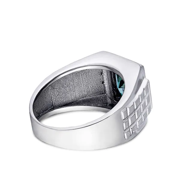 Mens Right Hand Ring 14K White Gold Aquamarine and Diamonds Wide Ring For Man