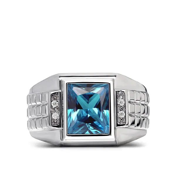 Mens Right Hand Ring 14K White Gold Aquamarine and Diamonds Wide Ring For Man