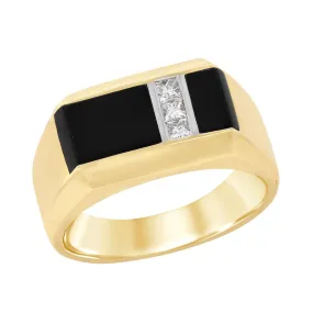 MEN'S TWO-TONE GOLD RING WITH BLACK AGATE AND 3 PRINCESS CUT DIAMONDS, .22 CT TW