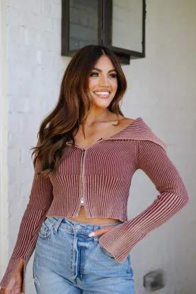 Mineral Wash Knit Top-Brown