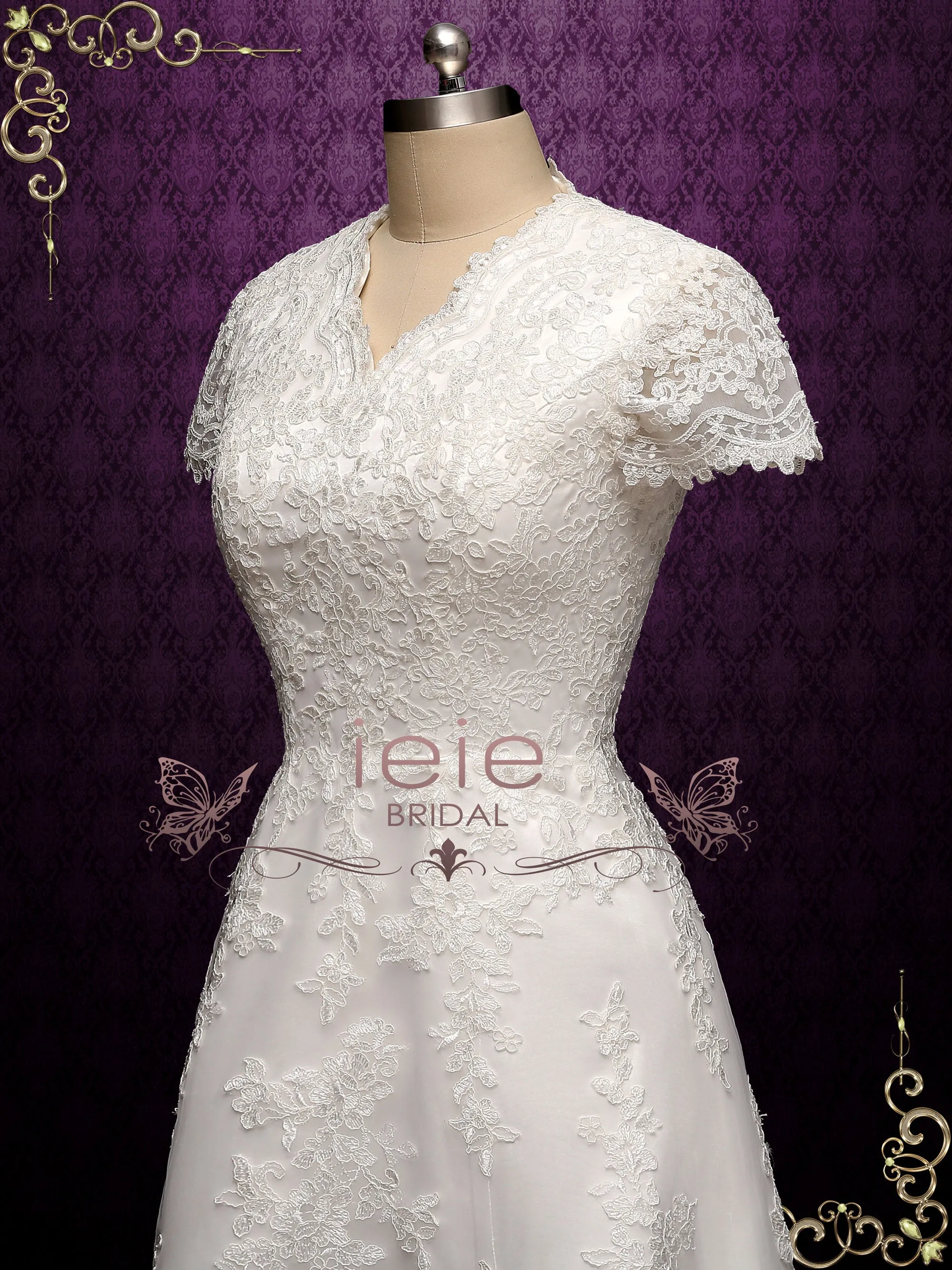 Modest Lace A-line Wedding Dress with Short Sleeves SALLINA