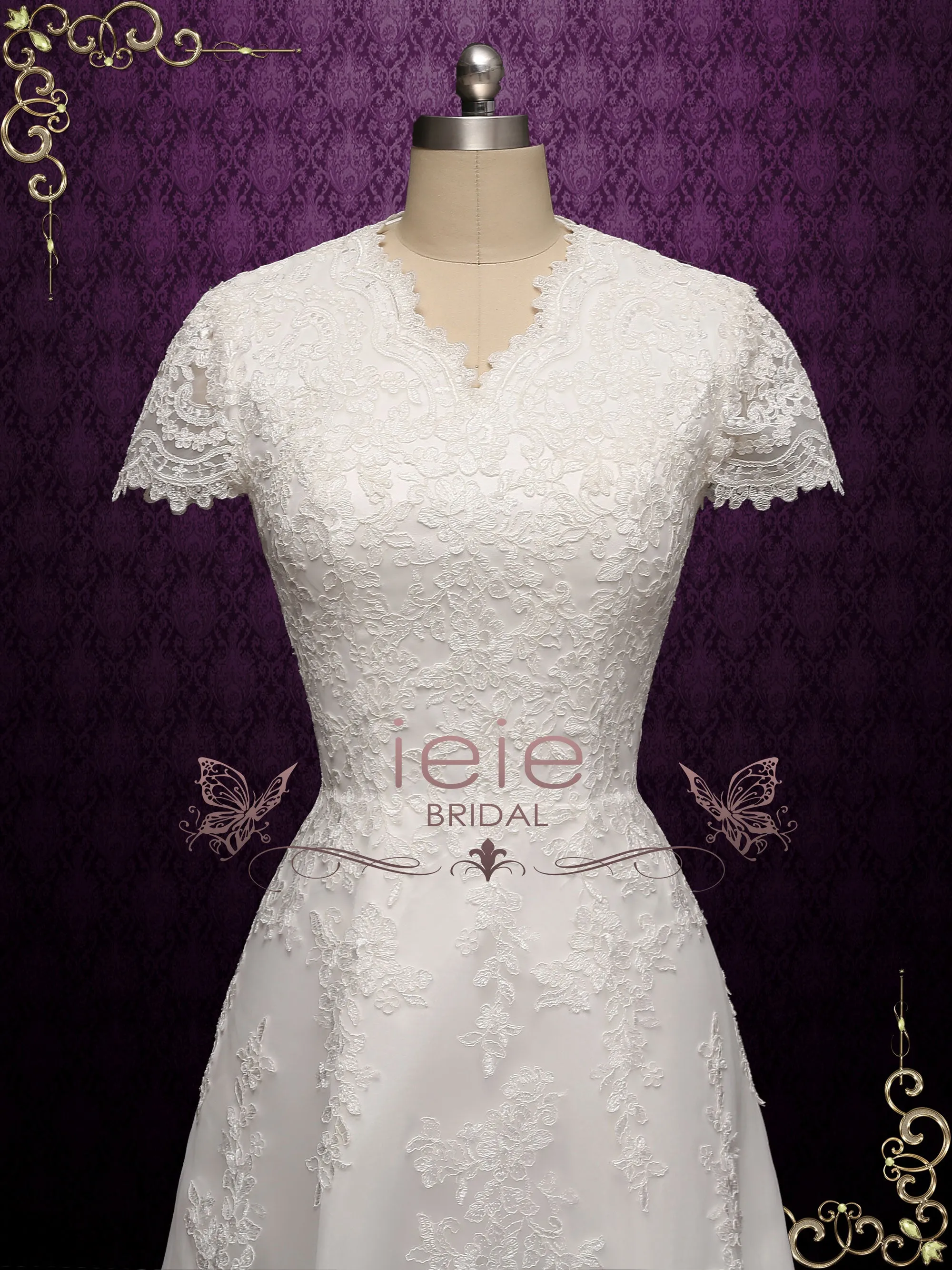 Modest Lace A-line Wedding Dress with Short Sleeves SALLINA