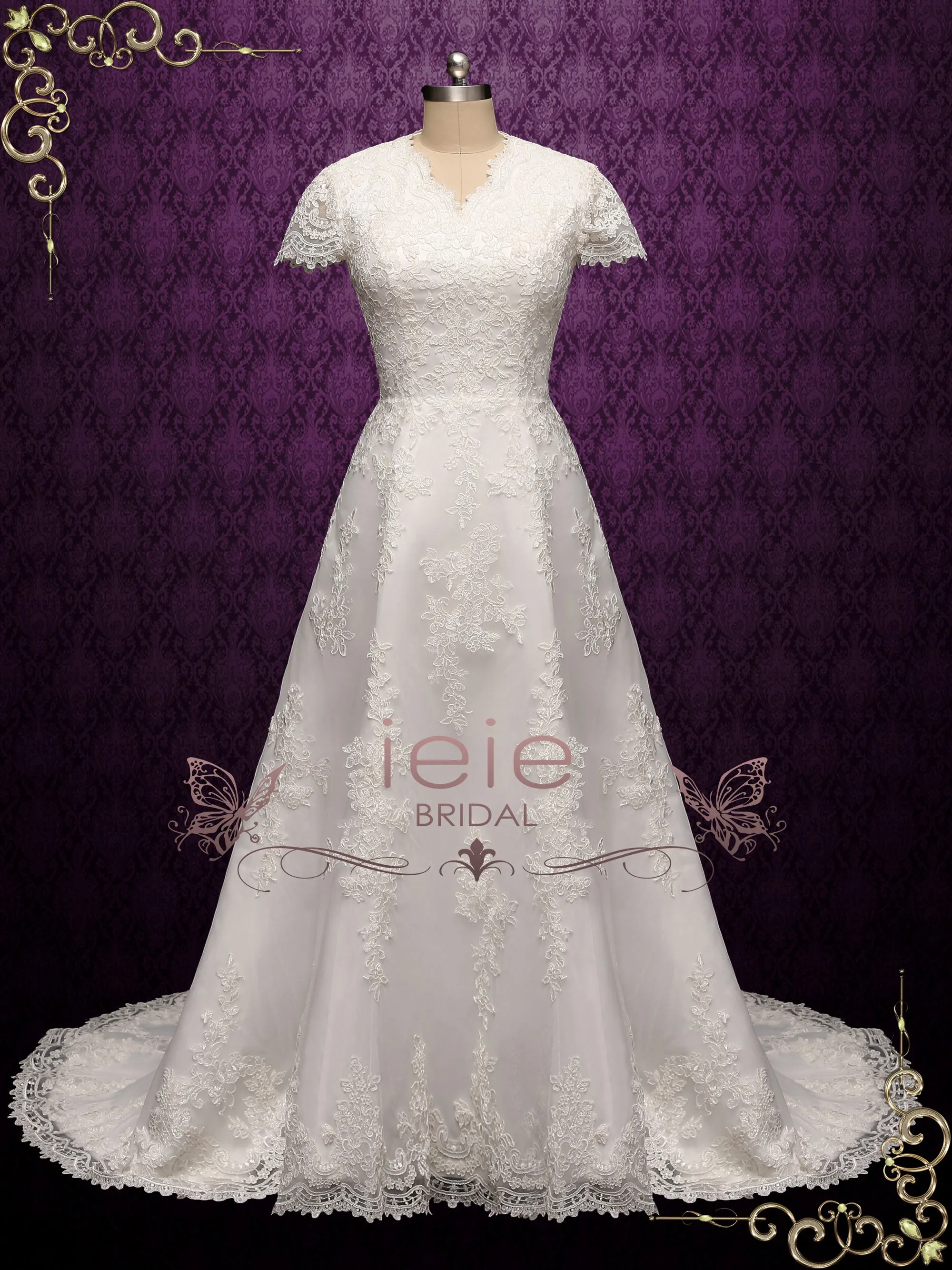 Modest Lace A-line Wedding Dress with Short Sleeves SALLINA