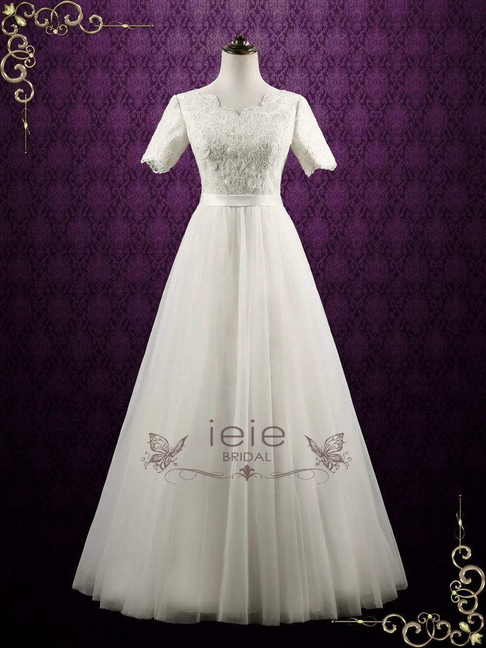 Modest Lace Wedding Dress with Short Sleeves ELYSE