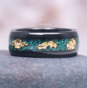 Moss Agate & Gold Leaf Wedding Band- 8MM Black Tungsten