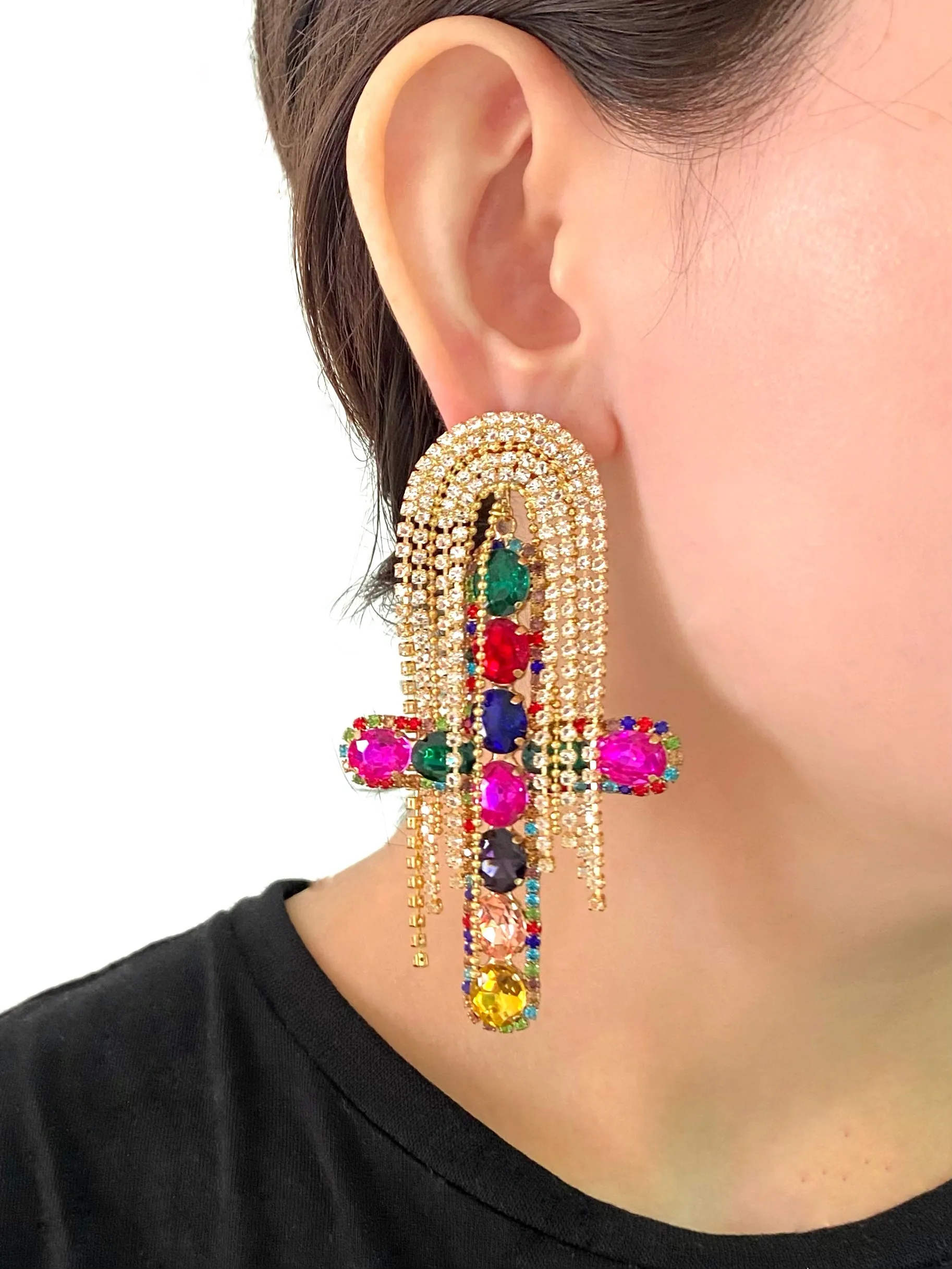 MULTI COLOUR CRYSTAL TASSEL EARRINGS