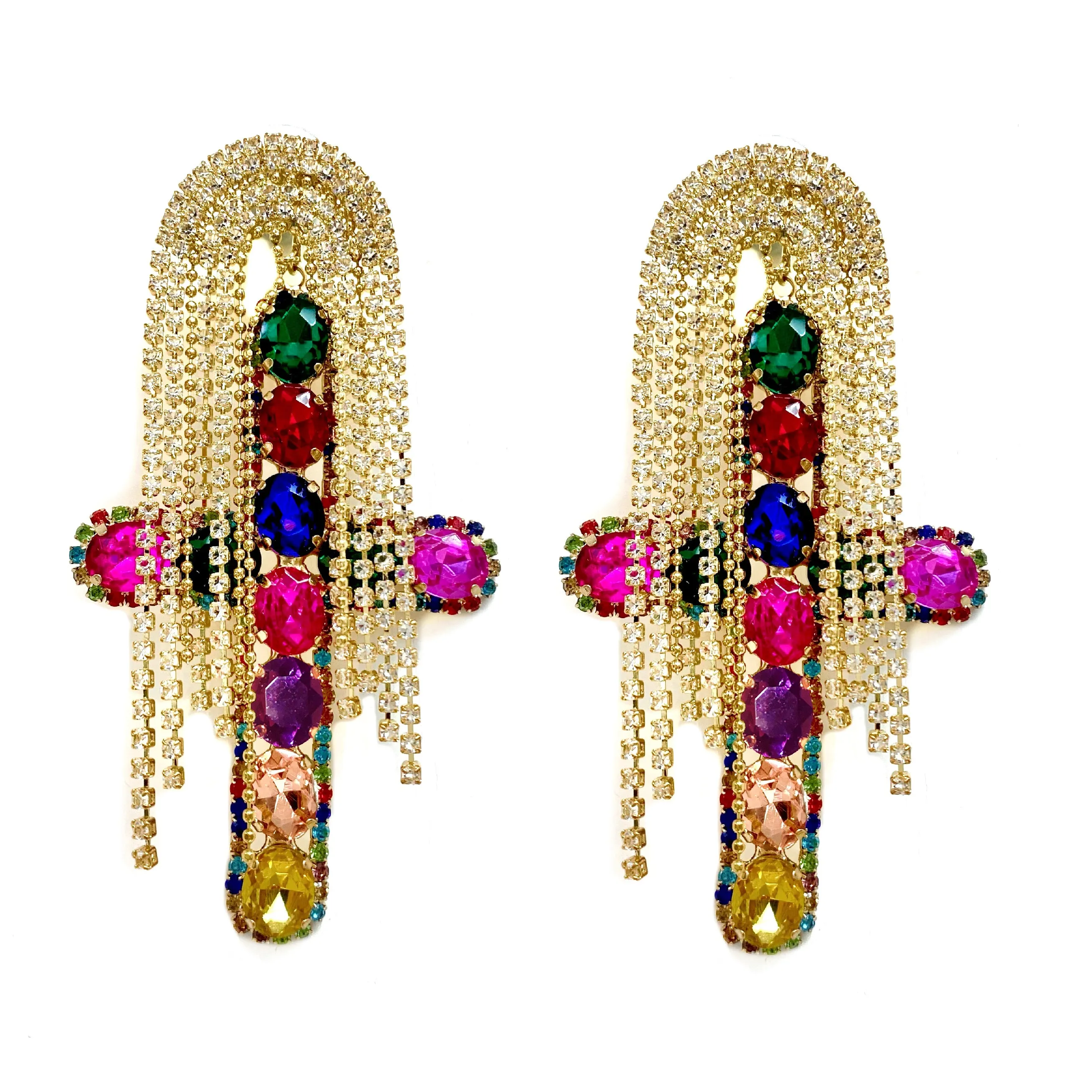 MULTI COLOUR CRYSTAL TASSEL EARRINGS