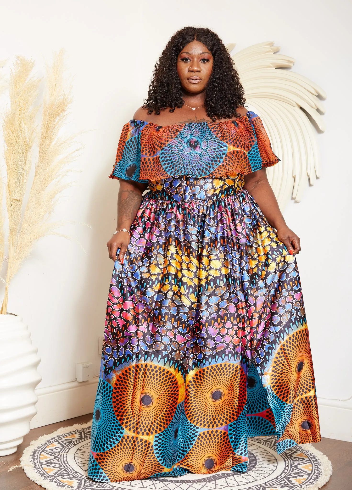 Multicoloured Adire Silk Print Maxi Off Shoulder Dress - Uduak