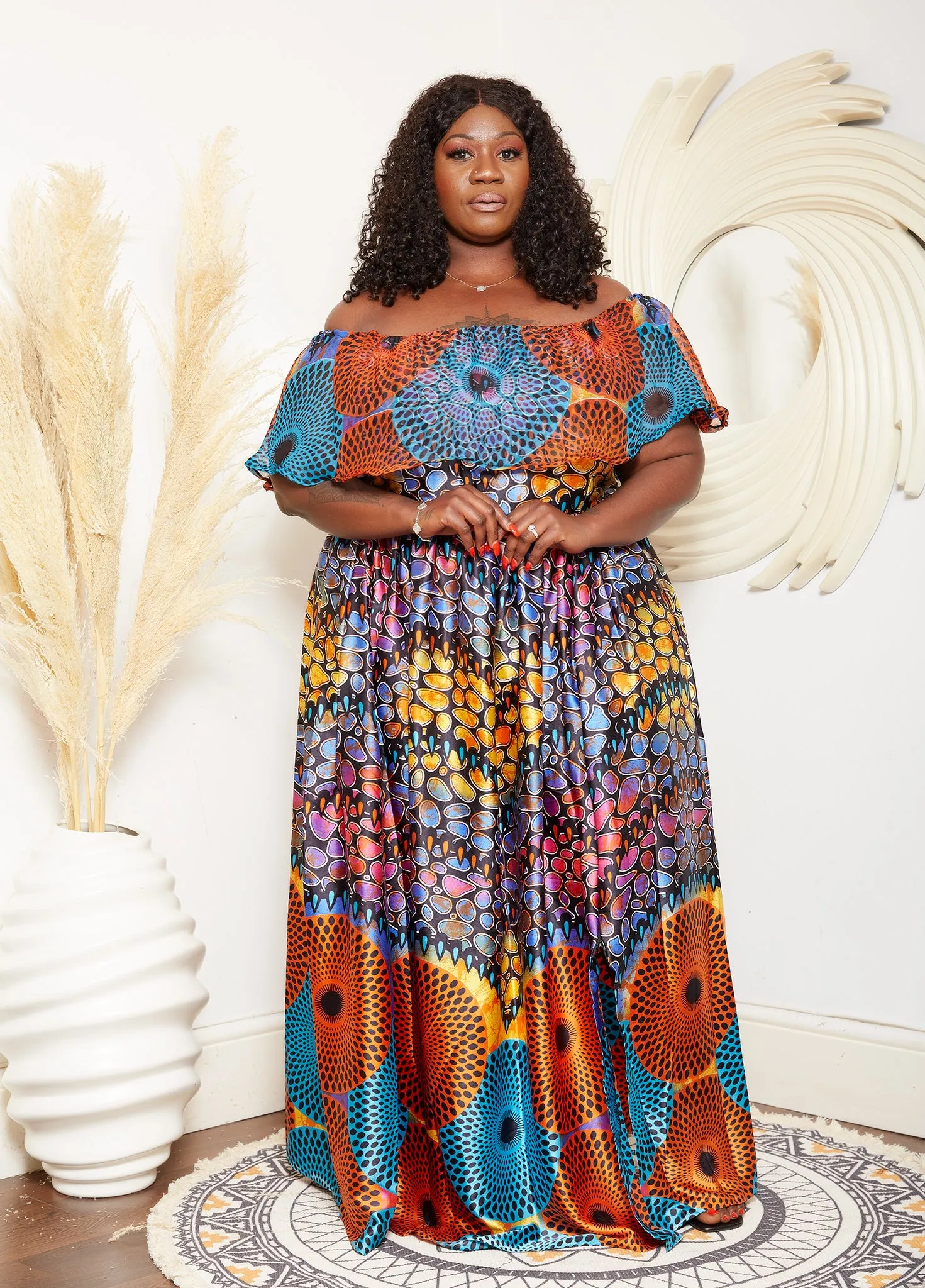 Multicoloured Adire Silk Print Maxi Off Shoulder Dress - Uduak