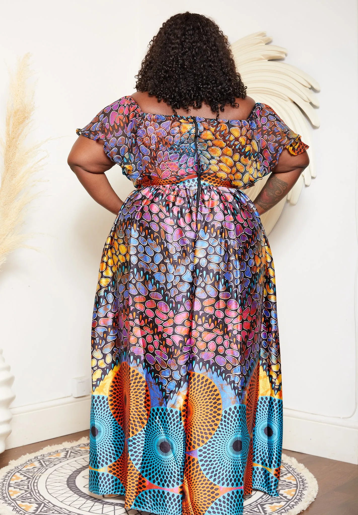 Multicoloured Adire Silk Print Maxi Off Shoulder Dress - Uduak