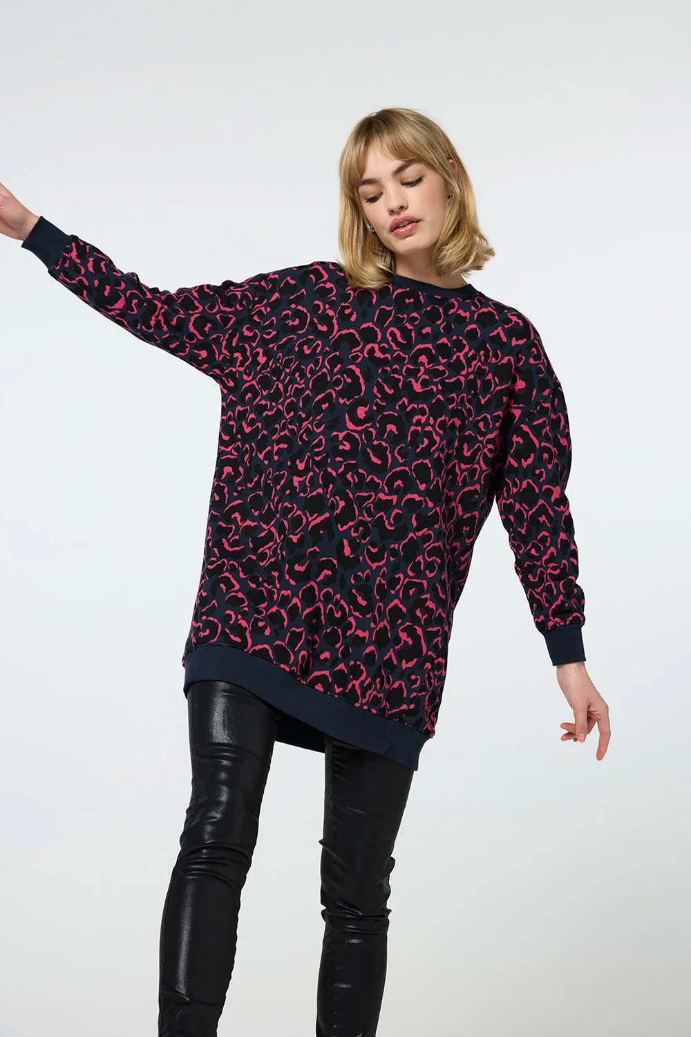 Navy with Black and Pink Shadow Leopard Oversized Tunic