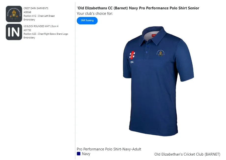 'Old Elizabethans CC (Barnet) Navy Pro Performance Polo Shirt Senior