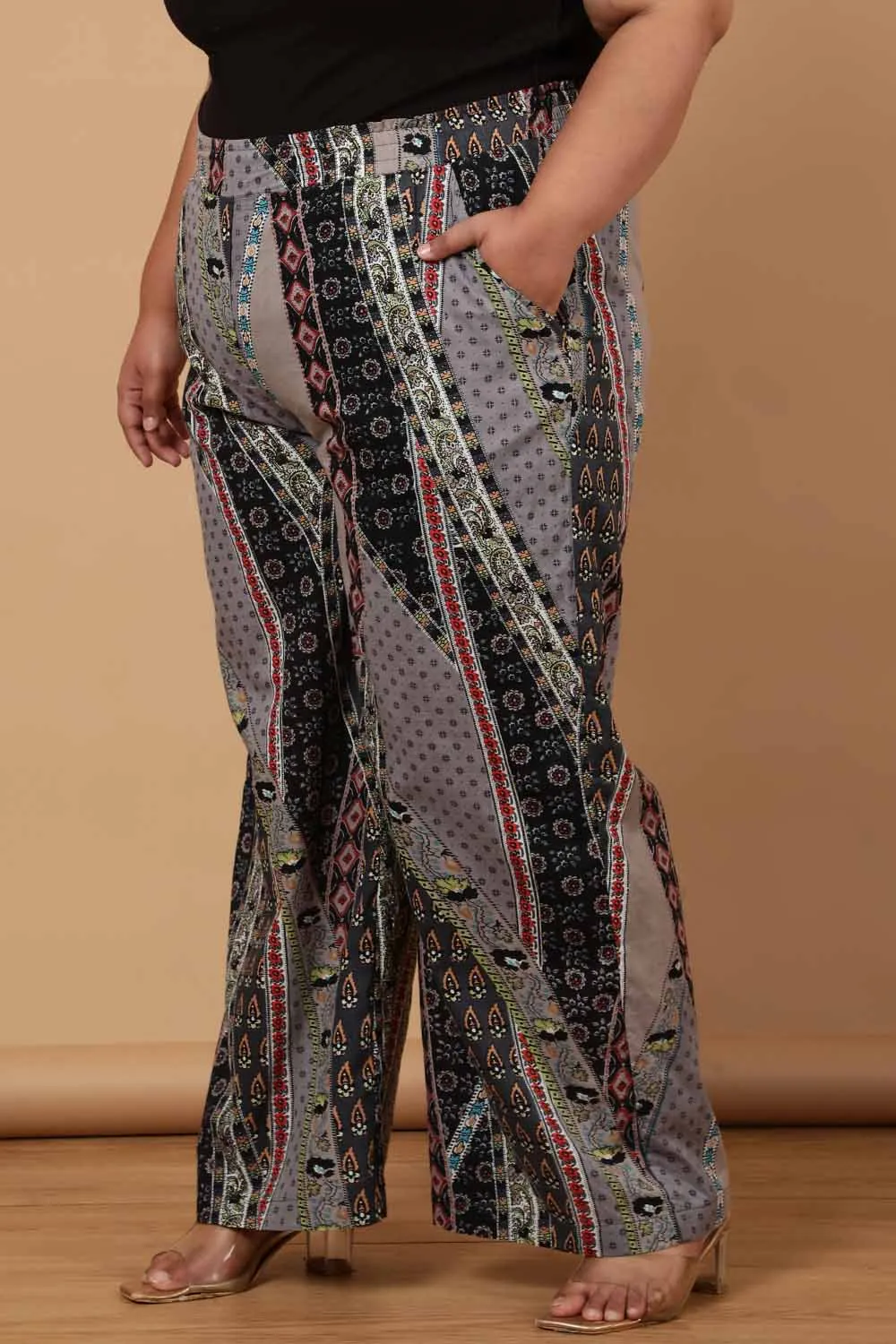 Plus Size Grey Printed Cotton High Waist Pants