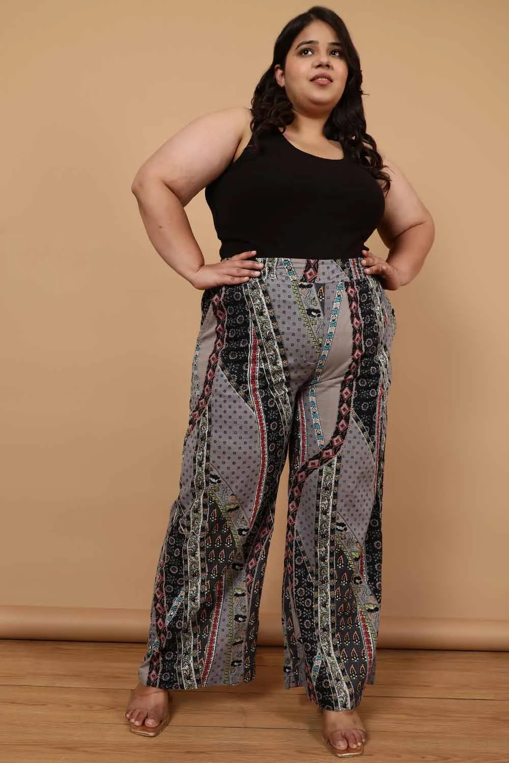 Plus Size Grey Printed Cotton High Waist Pants