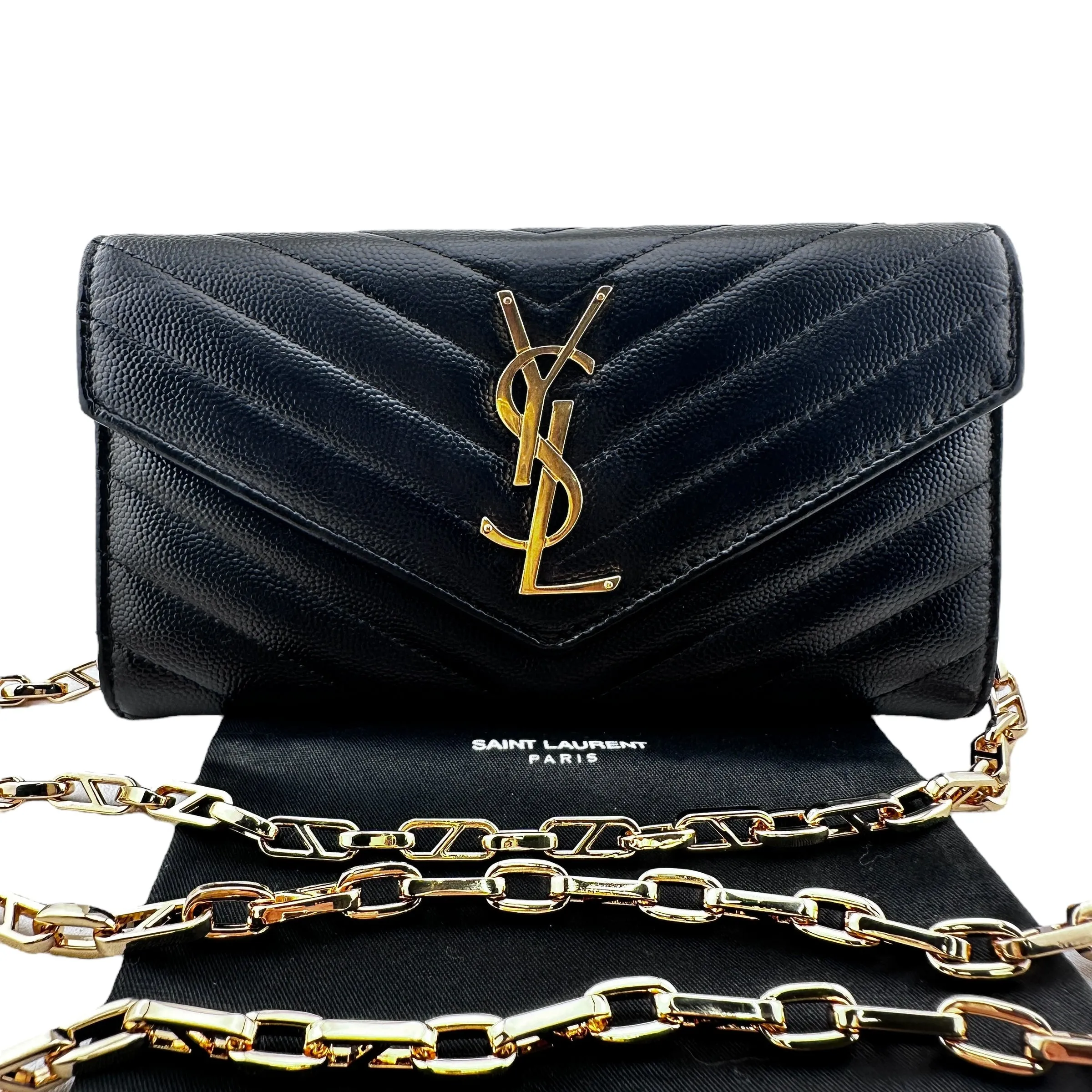 SAINT LAURENT Grain de Poudre Chevron Cassandra YSL Clutch with Unbranded Chain