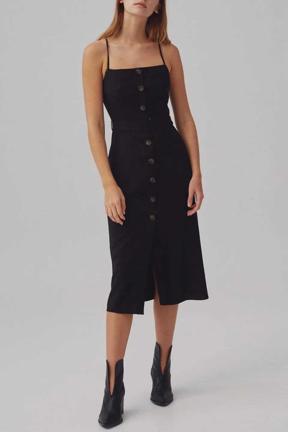 Signal Strappy Button Midi Black Dress