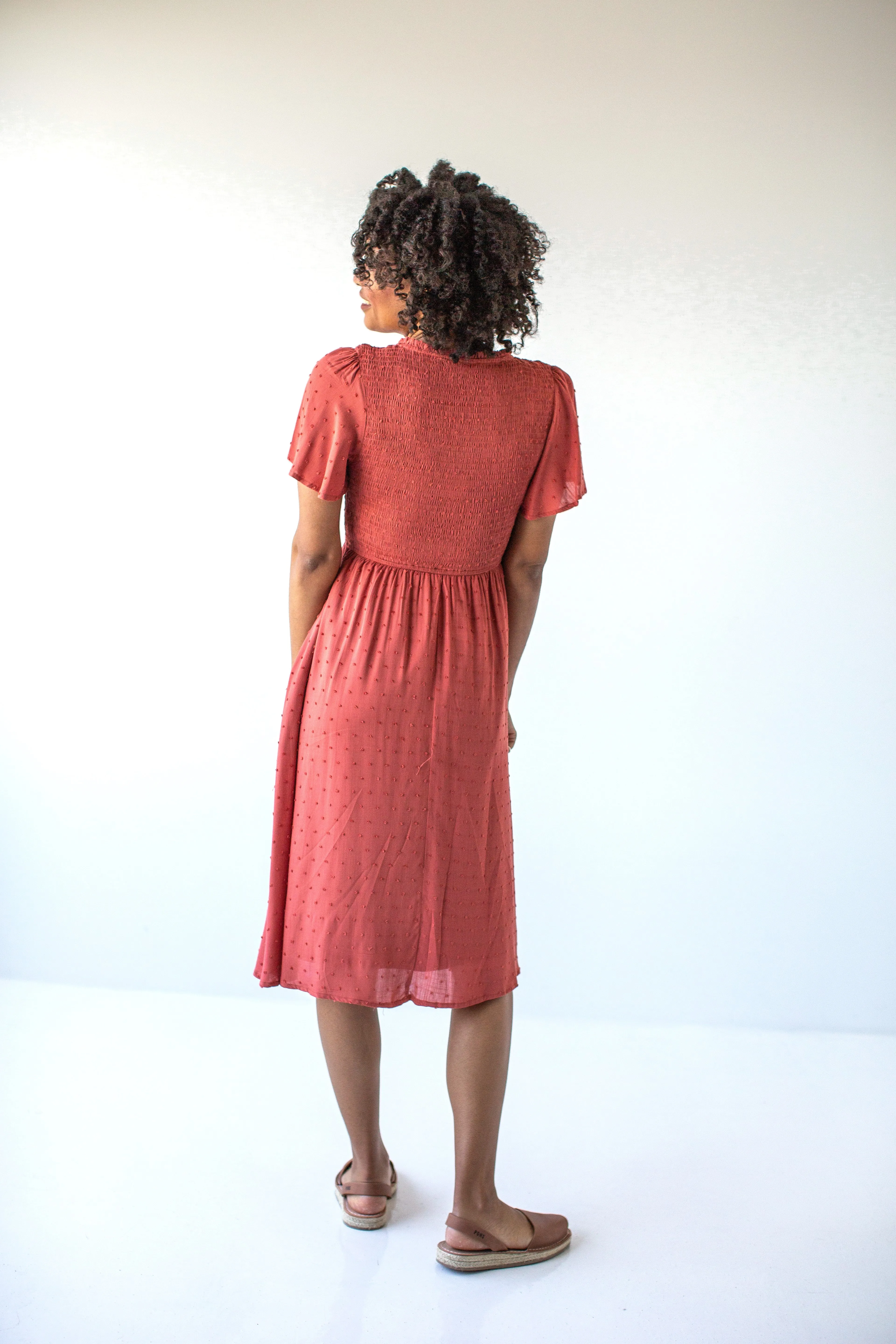 'Solana' Square Neck Smocked Bodice Midi Dress in Desert Coral