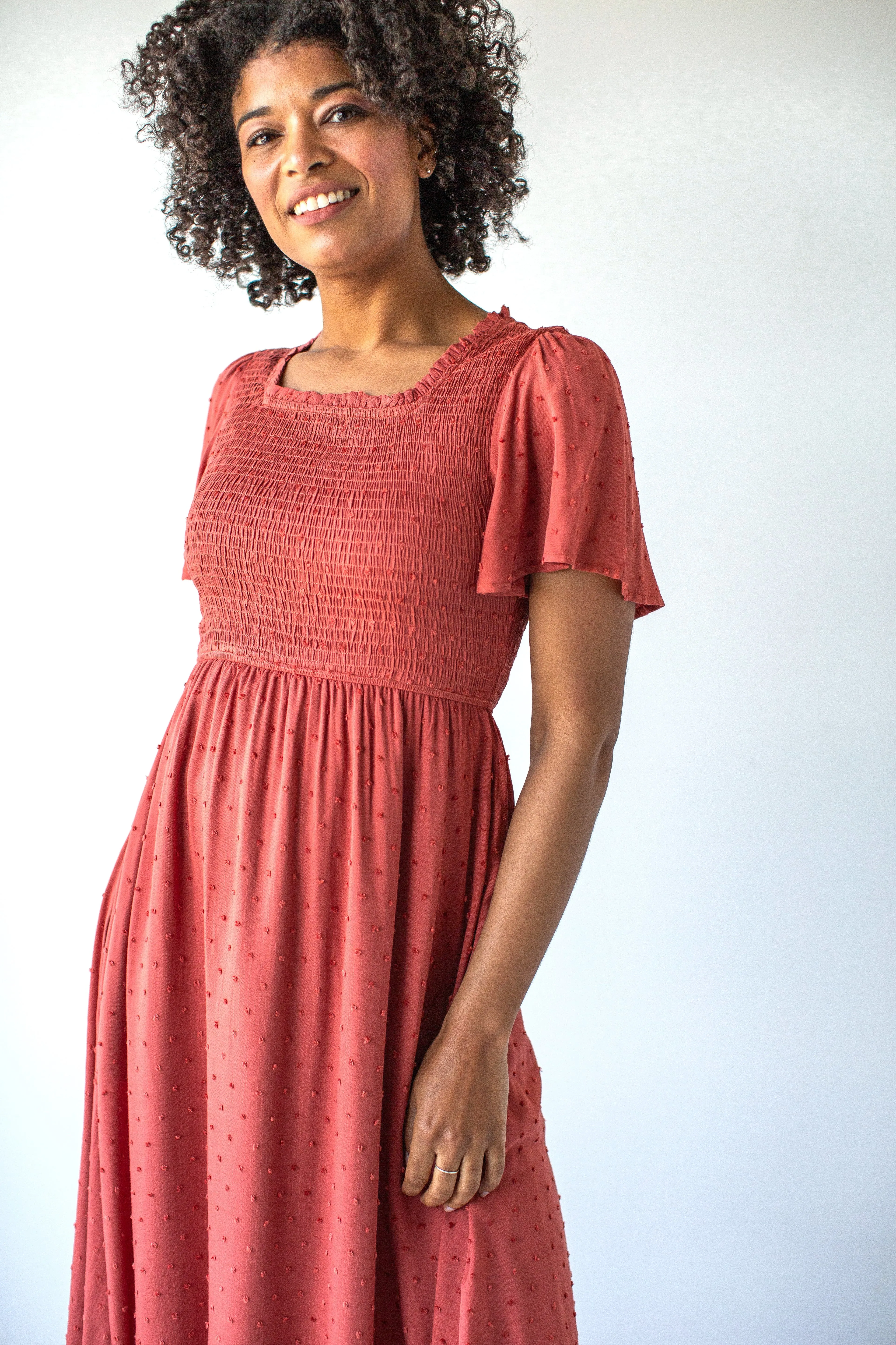 'Solana' Square Neck Smocked Bodice Midi Dress in Desert Coral