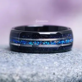 Starry Night, Meteorite, Blue Fire Opal Wedding Band- 8MM Black Tungsten