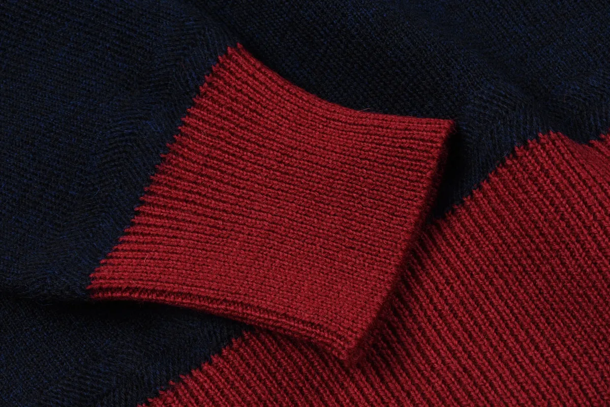 STEVENSON OVERALL CO.  DOUBLE V-GUSSET WOOL SWEATER - NAVY x RED