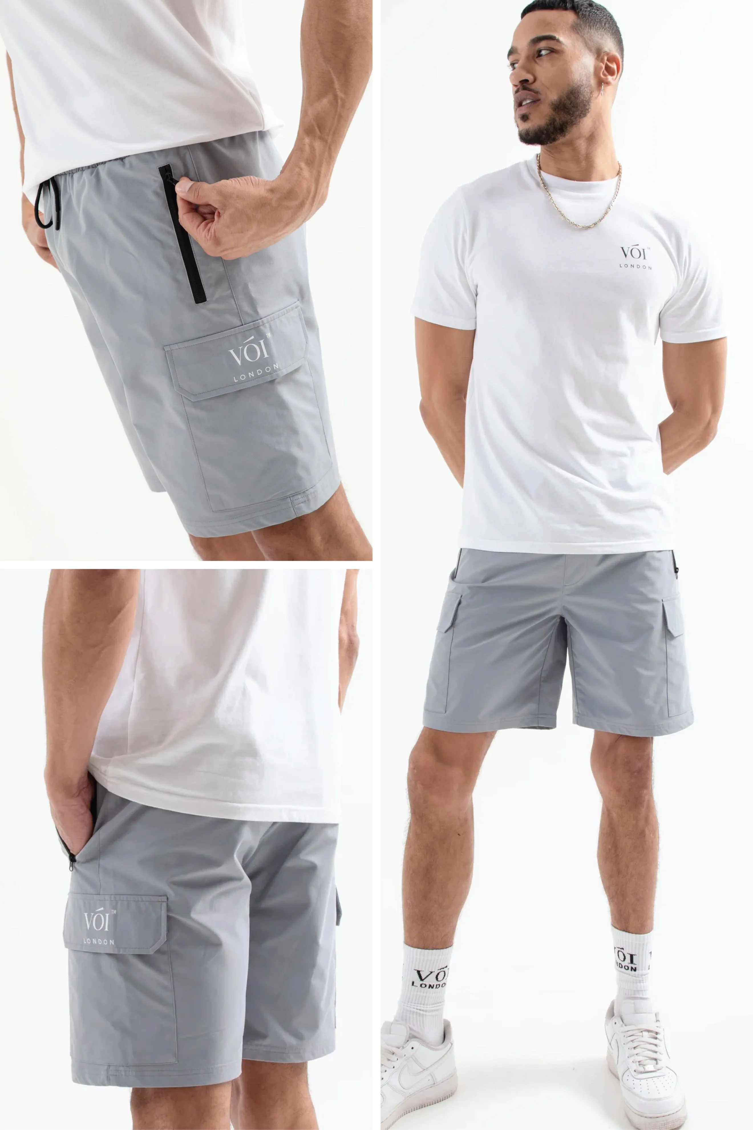 Tech Woven Cargo Shorts & T-Shirt Set- White / Grey