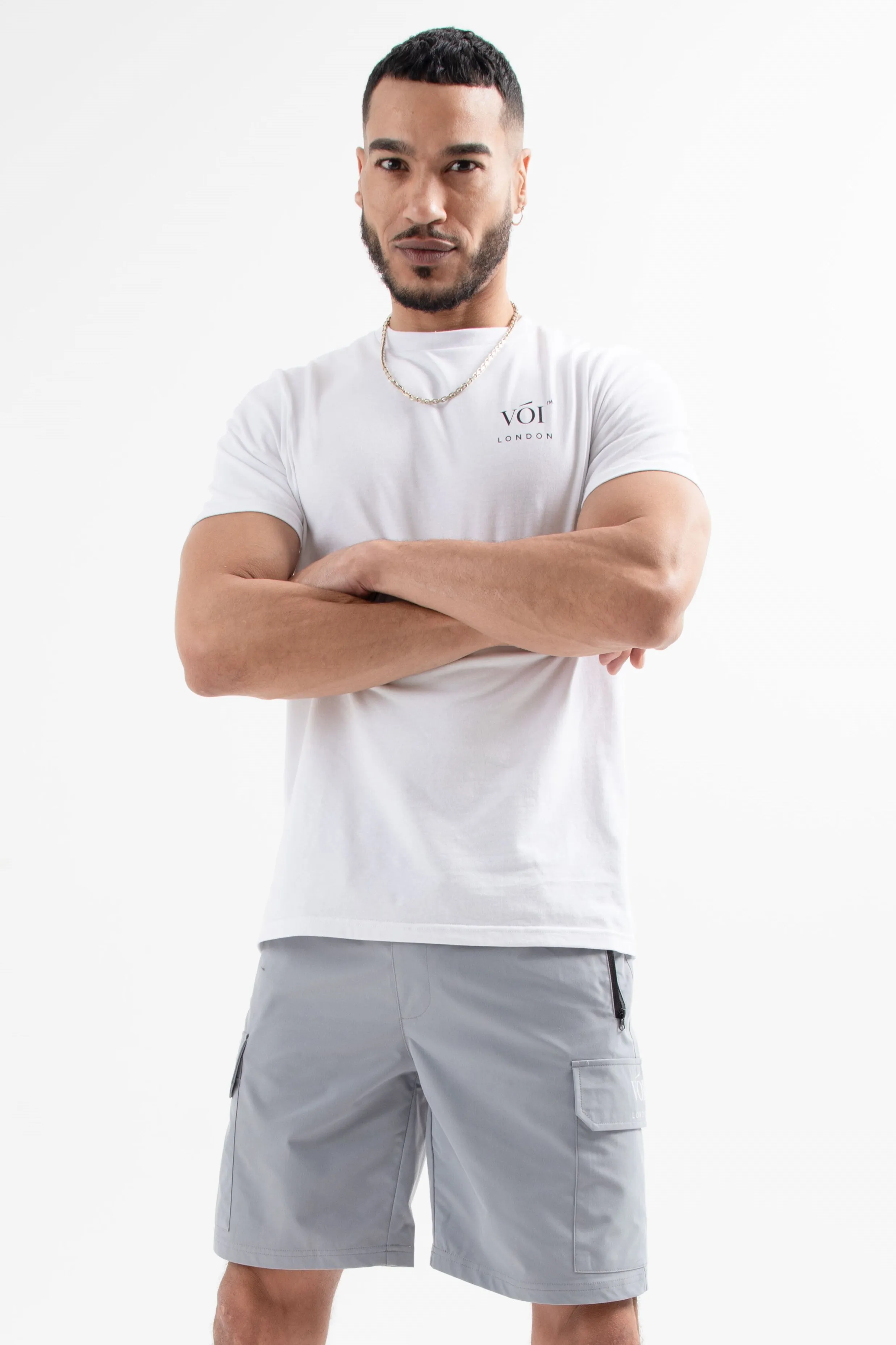 Tech Woven Cargo Shorts & T-Shirt Set- White / Grey