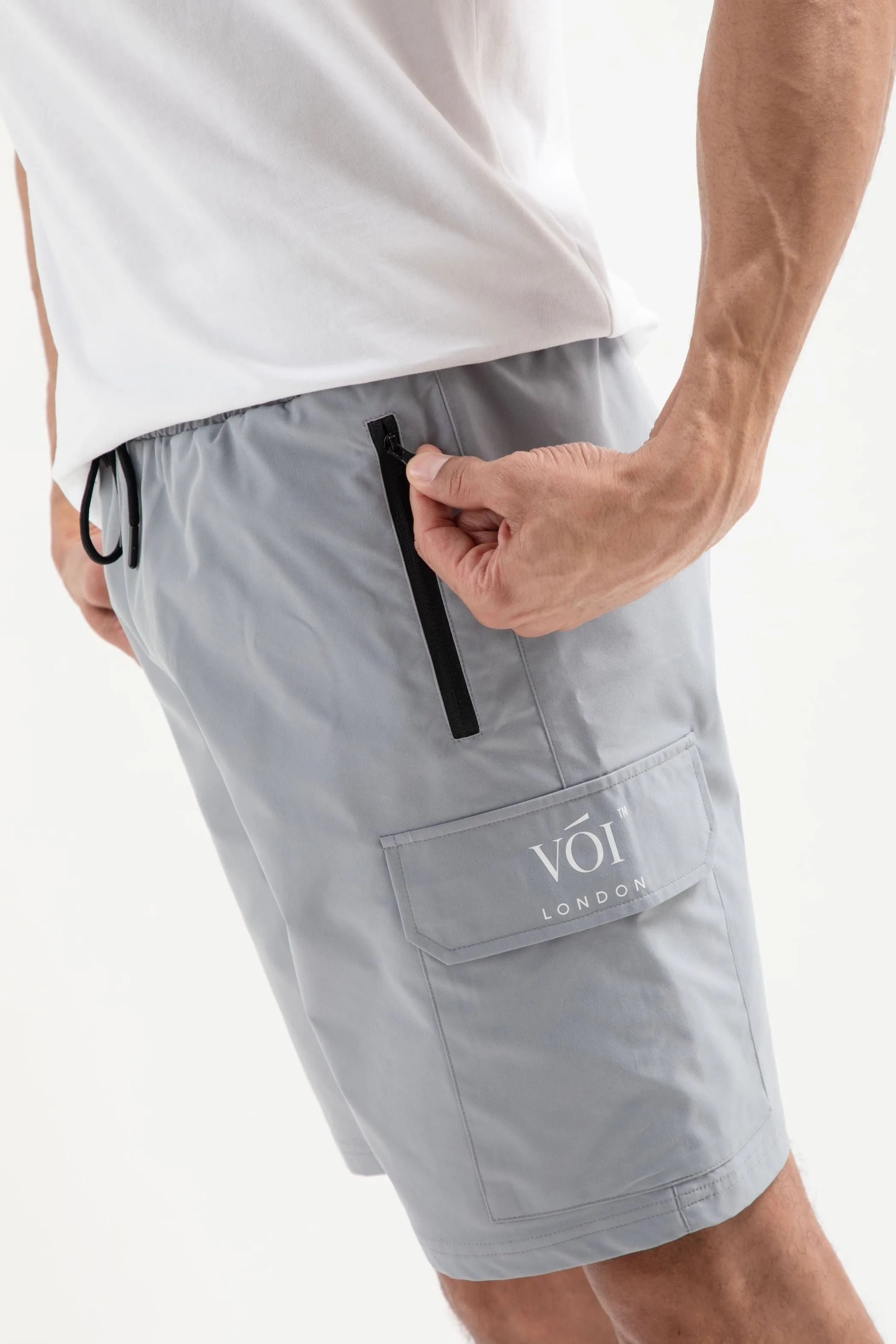 Tech Woven Cargo Shorts & T-Shirt Set- White / Grey