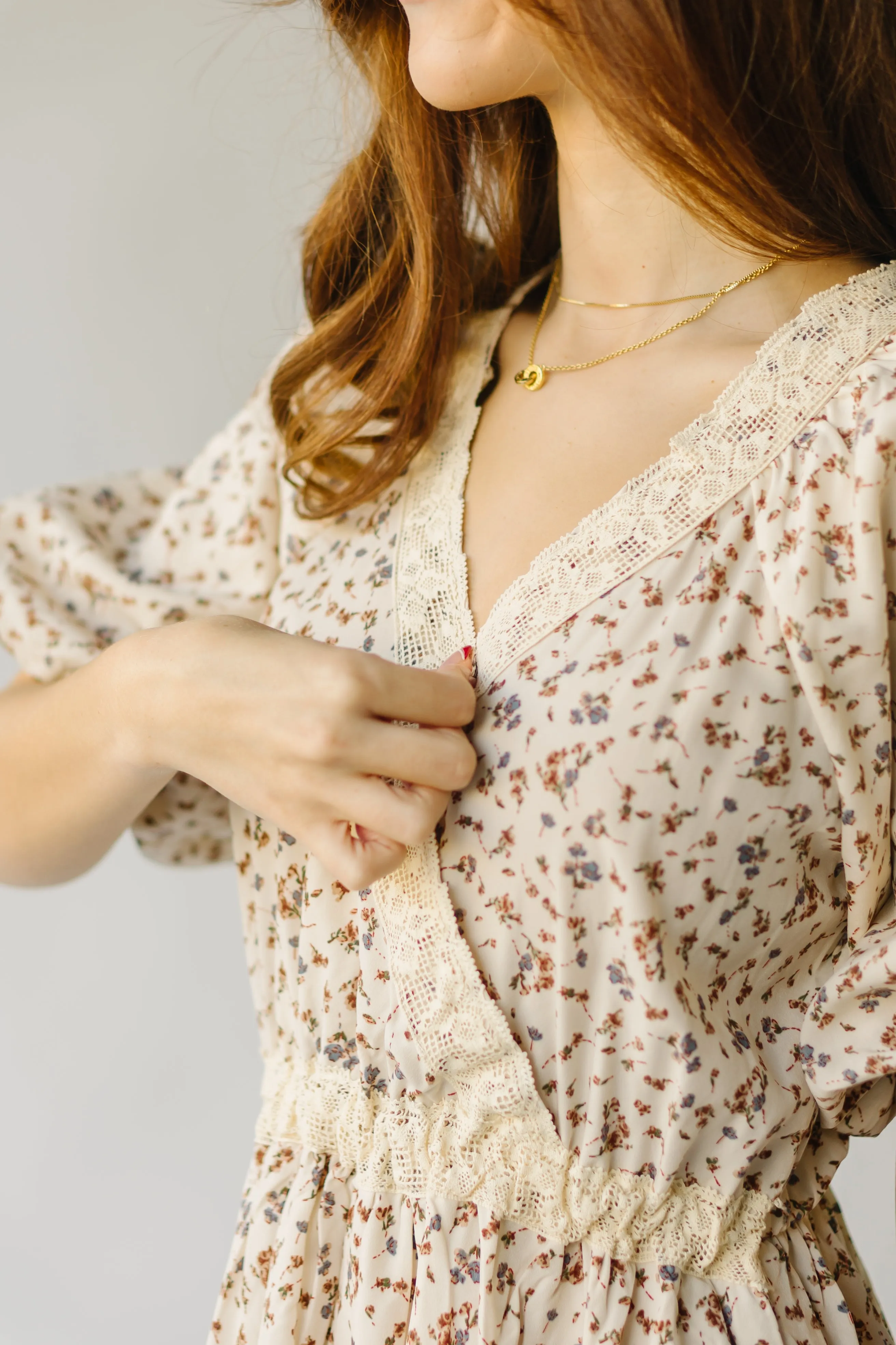 The Marbleton Lace Detail Dress in Beige Multi