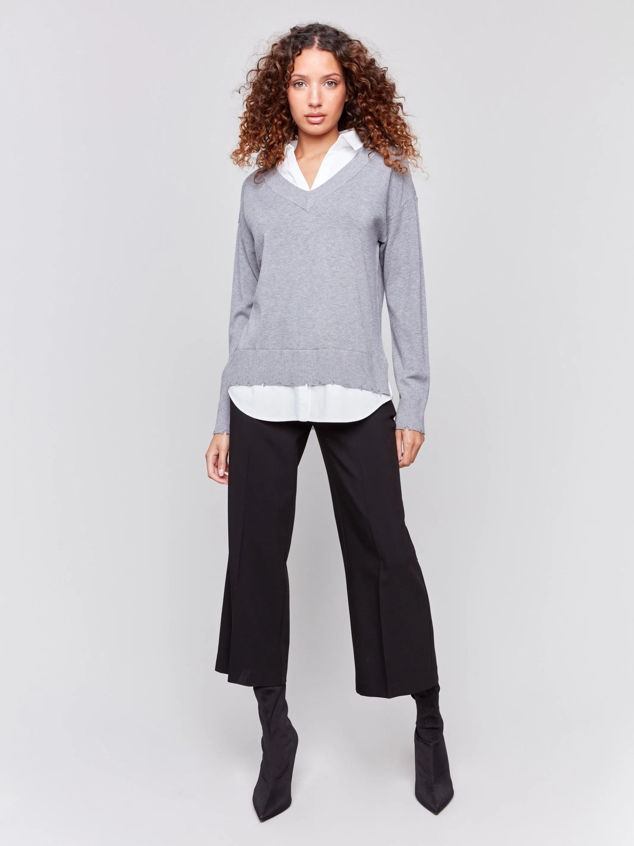 V-Neck Fooler Sweater with Shirt Collar - Grey