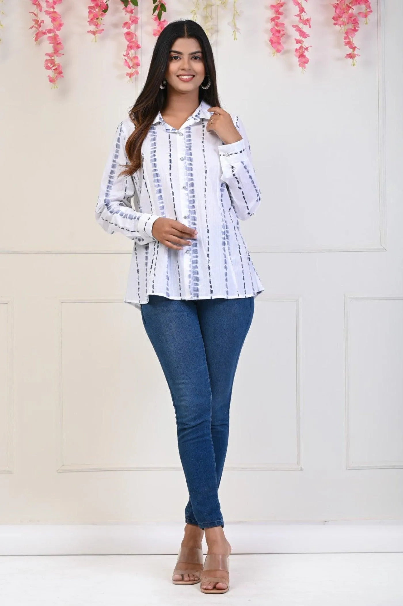 White Grey Print Shirt in Indo-Western Style