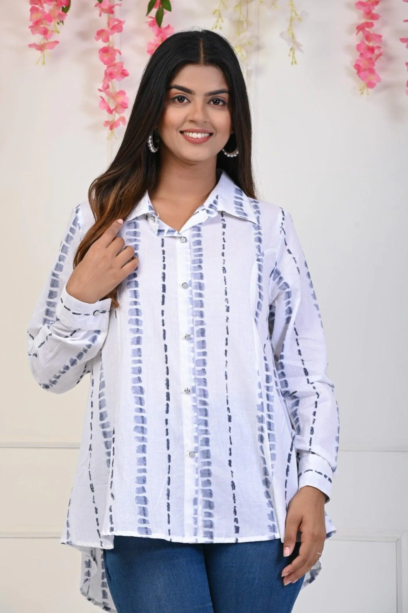 White Grey Print Shirt in Indo-Western Style