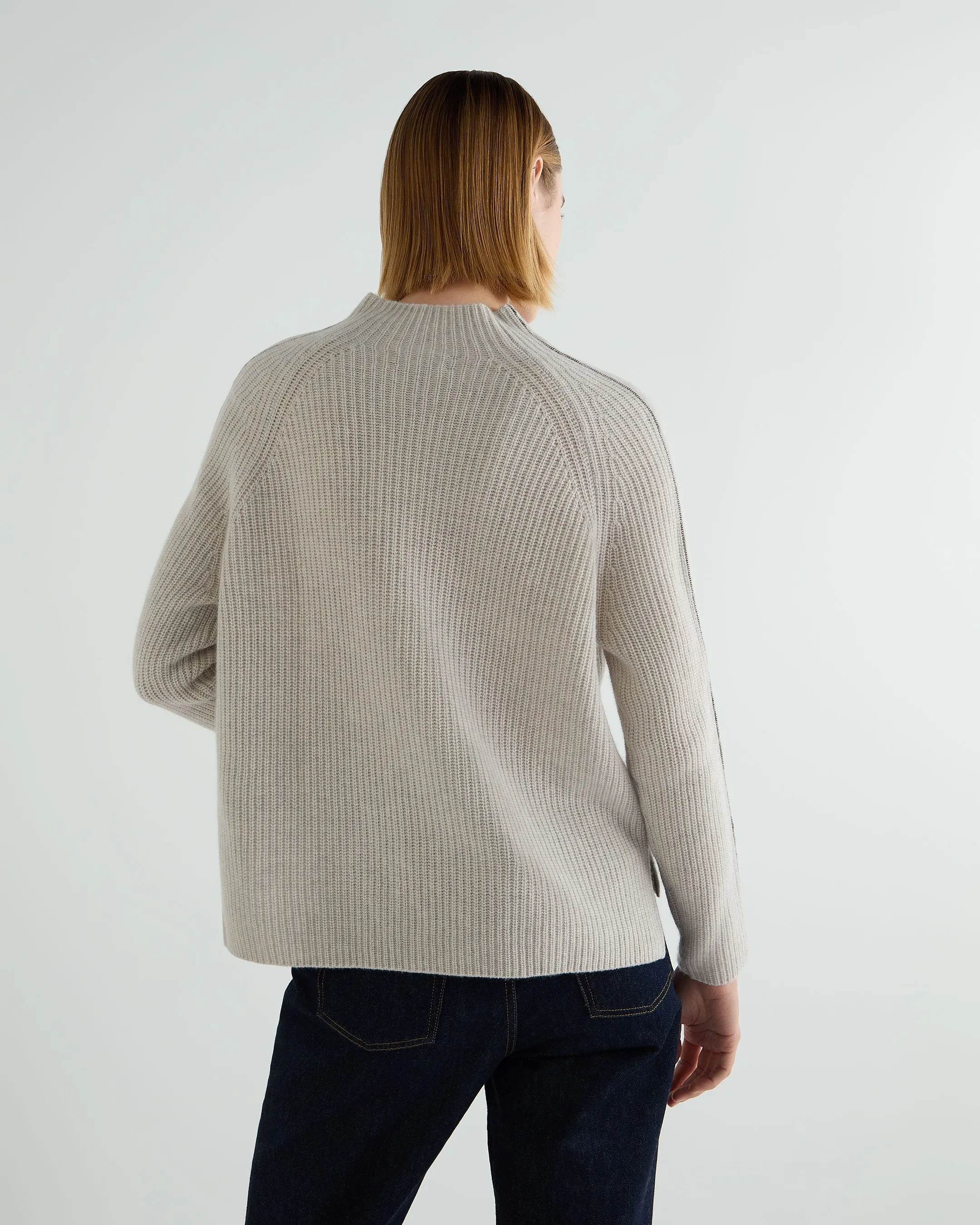 Women's Metal Funnel Neck Cashmere Sweater Pebble Grey